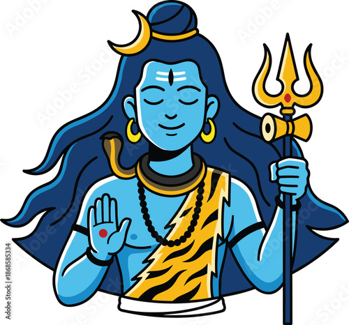 Colorful Lord Shiva illustration holding trident, peaceful Hindu god portrait with crescent moon, spiritual meditation artwork, modern flat vector style