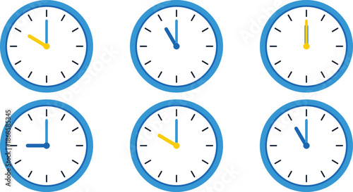 Clock time illustration set showing different hours on analog wall clocks for education learning design kids classroom vector