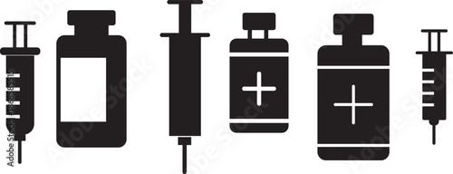 Vaccination icon collection in black. Insulin icon vector simple design. Set of medical syringe icons. Vaccination icon design for signs, logo, apps. Vaccination on transparent background
