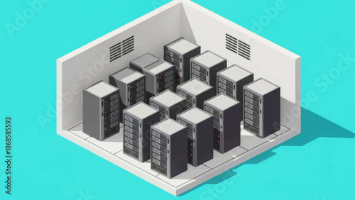 Data center server room with multiple computer servers.