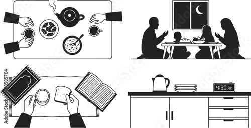 Suhoor meal table flat vector illustration for Ramadan breakfast