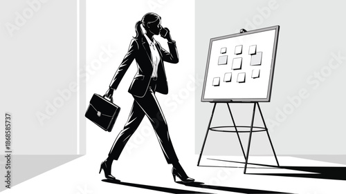Businesswoman silhouette walks while talking on the phone carrying a briefcase near a whiteboard