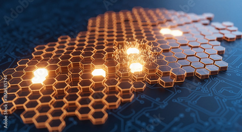 Glowing orange hexagonal nanotech structure on blue circuit board, futuristic quantum computing and advanced material science concept