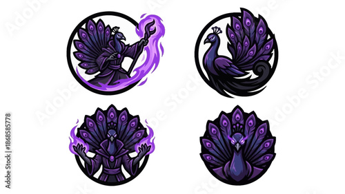 Majestic Purple Peacock Mascot Illustrations for Gaming Teams, Esports Logos and Fantasy Branding