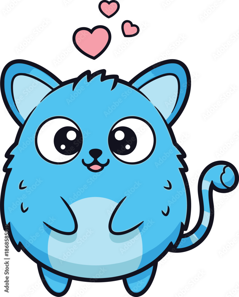 Fototapeta premium Adorable fluffy blue cartoon cat with hearts, perfect for cute and charming designs