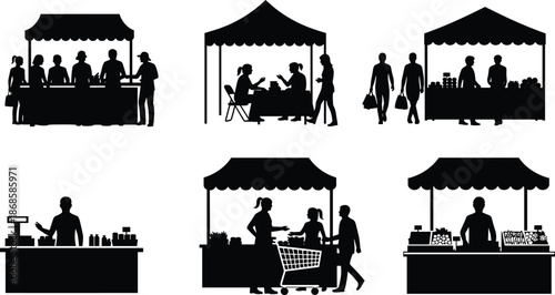 Black silhouette icons of street market stalls and vendors, people shopping at local fair tents, food commerce and retail vector illustrations, isolated elements,