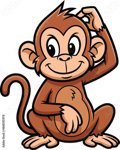 Cute cartoon monkey character with a thoughtful and curious expression, scratching its head playfully, a charming graphic for children's content and creative projects