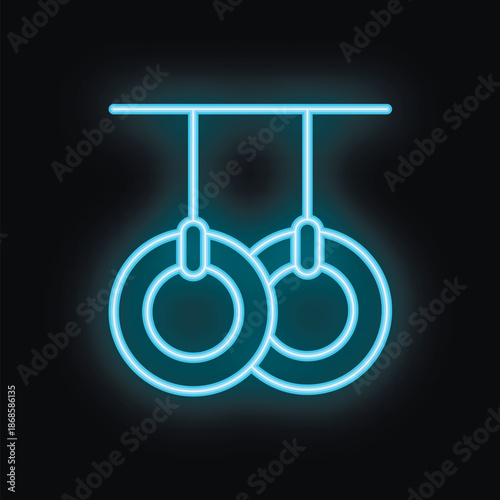 Neon blue icon of a pair of gymnastic rings glowing on a black background