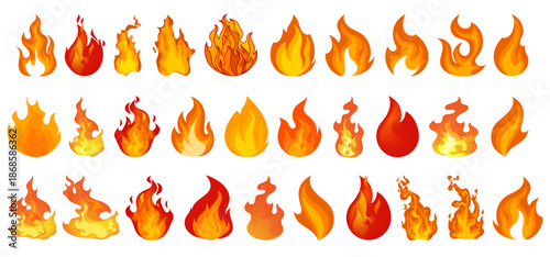 Vibrant collection of stylized cartoon fire and flame icons in various shapes. Red, orange, and yellow animated blazes and bonfires.