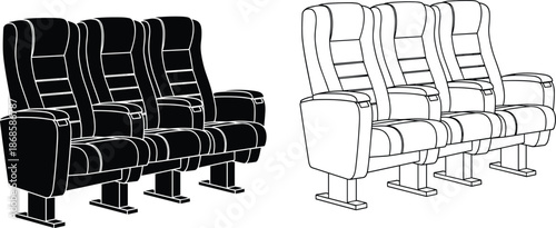Set of cinema theater seat icons and silhouettes, auditorium row of chairs for movie viewing, entertainment seating, comfort, and luxury