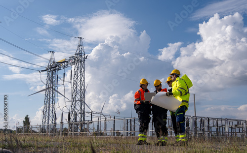 Workers discuss plans near power lines and wind turbines on a clear day in an energy facility