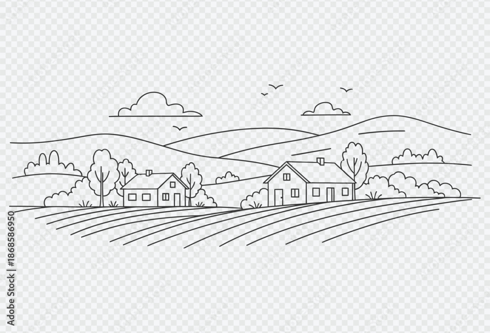 Fototapeta premium Serene countryside landscape with houses and rolling hills in simple line art style