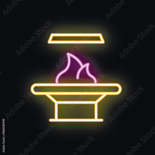 Neon sign of a brazier with burning firewood for cooking on a black background