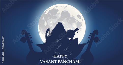 Dark blue silhouette of the Hindu Goddess Saraswati seated in a divine pose, playing her traditional musical veena.