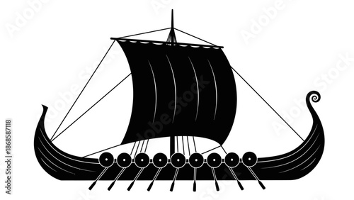 Detailed Viking Longship Illustration with Sails and Oars.