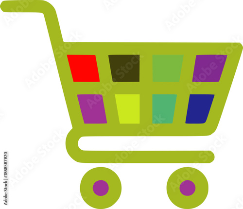 Green shopping cart with colorful compartments and wheels trolley yellow