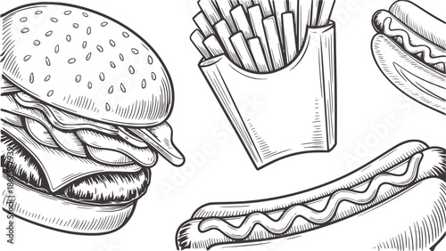 Hand drawn of a burger french fries and two hot dogs