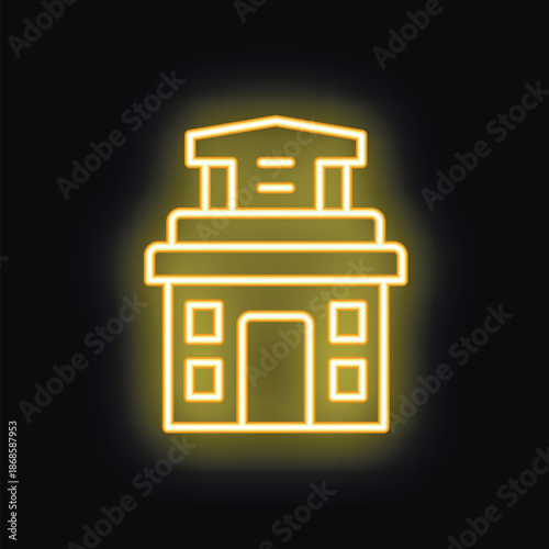 Neon icon of multi storey building with attic, glowing yellow on black background