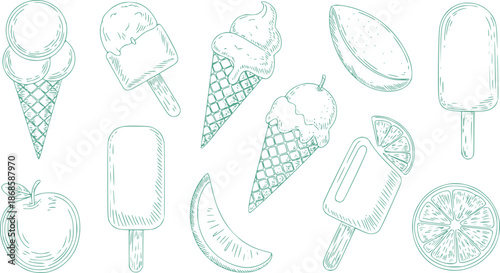 Hand drawn teal ice cream cones popsicles and fruit slices