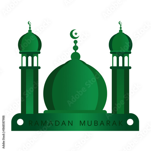 Stylized green mosque illustration with a large central dome, two minarets, and crescent moon finials for Ramadan.
