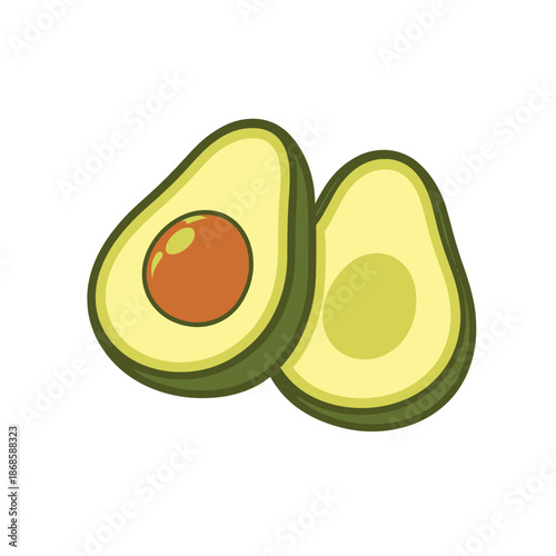 Sliced avocado halves vector illustration. One half contains the seed pit.