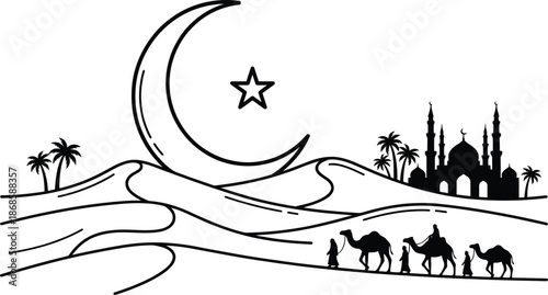 Crescent moon rising over desert dunes vector landscape