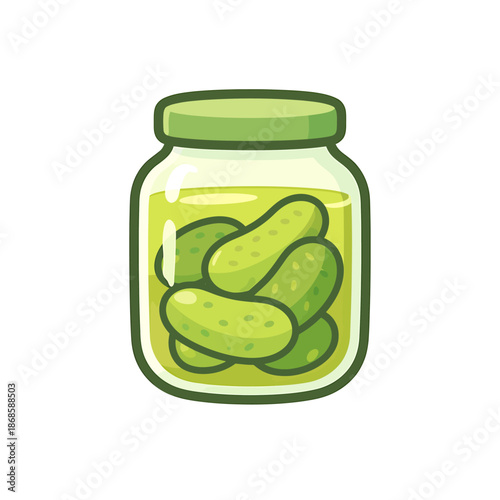 Cartoon illustration of pickles in glass jar with brine