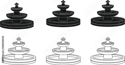 Set of classic tiered water fountain silhouettes and line art icons, garden landscape architecture elements, park decoration, outdoor fountain design,