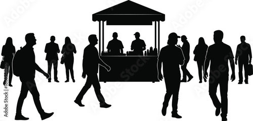 Black silhouette of people walking at outdoor street food stall, customers and vendors at marketplace booth, urban city life vector illustration isolated,