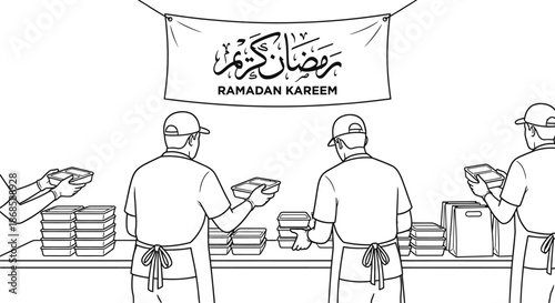 Volunteers distributing food boxes during Ramadan vector illustration