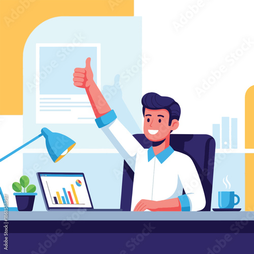 Smiling business man giving thumbs up.