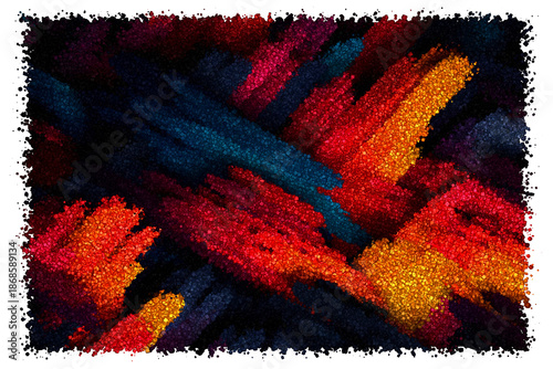 Vibrant Abstract Composition of Interwoven Brushstroke Textures in Red Orange Blue and Purple Tones, Made of Cubes
