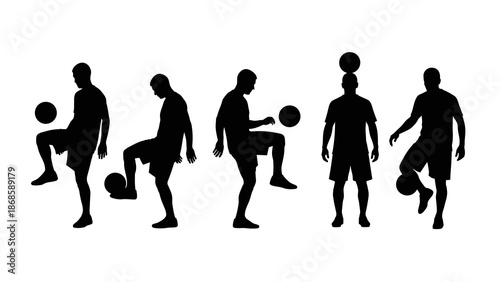 Silhouettes of male athletes performing various football freestyle tricks and juggling skills on a white background.