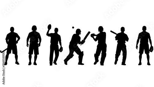 Black silhouettes of diverse athletes engaged in various sports activities including cricket, baseball, and hockey on a white background.