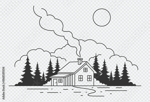 Serene house in the woods with smoke rising from the chimney under the moonlight
