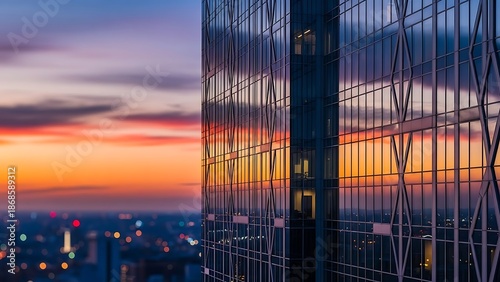 Modern glass skyscraper reflecting a vivid orange and purple sunset over a city skyline at twilight, architectural detail