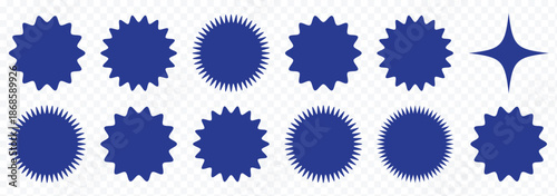 Black starburst stamp seal and labels vector set. Jagged sunburst badges, circle stickers, and rosette shape collection for design elements. Black abstract sunburst and starburst shapes collection eps