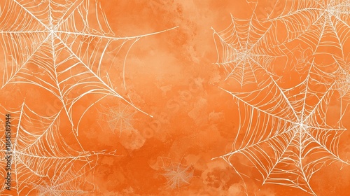 _A high-resolution, grungy Halloween-themed background featuring multiple intricate white spiderwebs stretched across an uneven, textured orange backdrop.