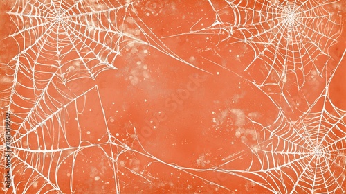 _A high-resolution, grungy Halloween-themed background featuring multiple intricate white spiderwebs stretched across an uneven, textured orange backdrop.
