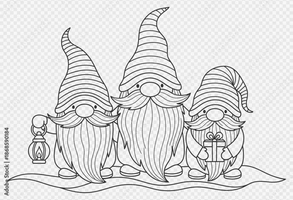 Fototapeta premium Three gnomes with gift and lantern standing on snow, coloring page illustration
