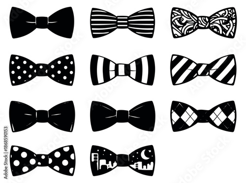 Hand drawn bow tie set featuring various patterns for fashion accessories and formal occasions