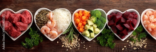 A high-resolution, meticulously arranged flat lay photograph captures various raw ingredients for a balanced pet food diet, presented in four pristine white, heart-shaped bowls aligned horizontally on