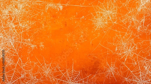 _A high-resolution, grungy Halloween-themed background featuring multiple intricate white spiderwebs stretched across an uneven, textured orange backdrop.