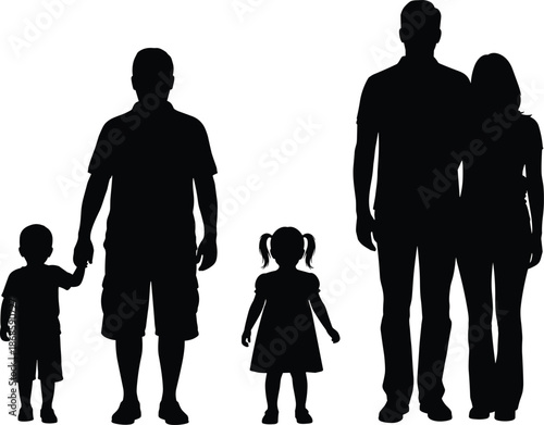 Collection of black silhouettes of happy families, parents holding hands with children, and couples standing together, vector illustration set isolated on white background.