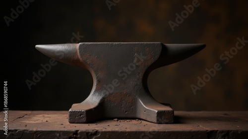 Close-up of a classic metal anvil on a workbench, accompanied by a sledgehammer in the background, blacksmith workshop with scattered metal shavings, concept of blacksmithing, metalworking
