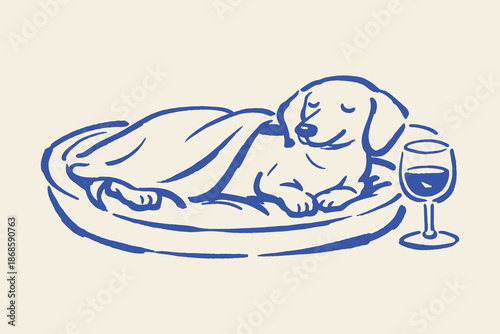 Dachshund on bed with wine glass doodle outline vector illustration