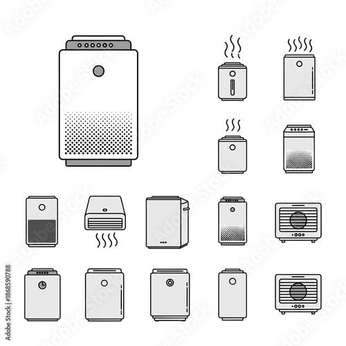 set of air purifier icons in various shapes for appliance store websites, home technology blogs, air quality awareness flyers and household manuals, with copy space