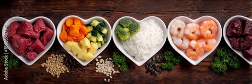 A high-resolution, meticulously arranged flat lay photograph captures various raw ingredients for a balanced pet food diet, presented in four pristine white, heart-shaped bowls aligned horizontally on