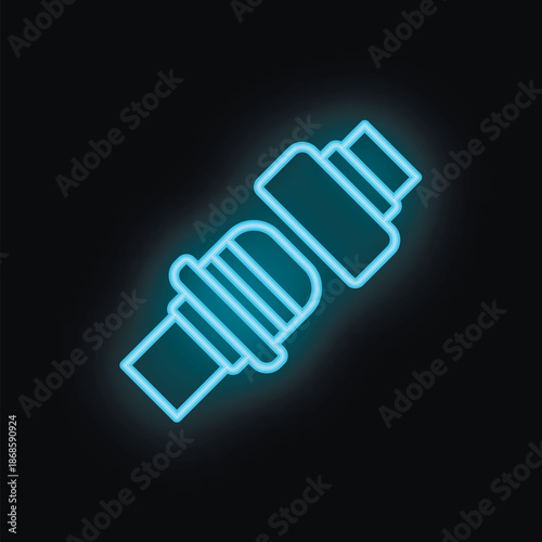 Blue neon icon of a car seat belt fastened, glowing on a black background