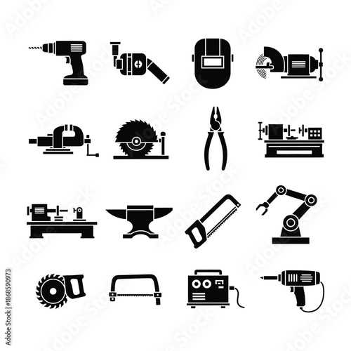 Industrial Tools Icon Set – Construction Workshop Machinery Vector Collection